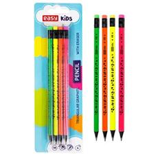 EASY Kids FLUO Sada grafitovch trojhrannch tuek s gumou, HB, 4 barvy